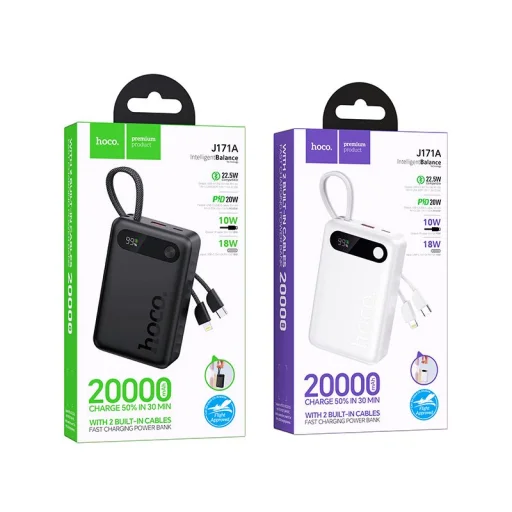 Hoco J171A 20000 mAh QC PD 2A 22,5W beépített USB-C + Lightning kábelekkel powerbank fehér - 5