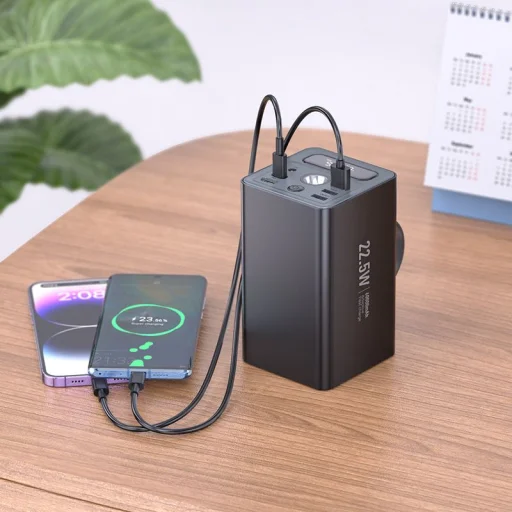 Hoco 60000 mAh QC PD 3A 22,5W DC12V beépített lámpával J138 fekete Powerbank - 7