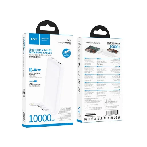 Hoco J163 10000 mAh 2A powerbank négy beépített kábellel USB-A + USB-C + Lightning + Micro USB fehér - 5