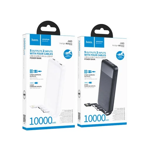 Hoco J163 10000 mAh 2A powerbank négy beépített kábellel USB-A + USB-C + Lightning + Micro USB fehér - 6