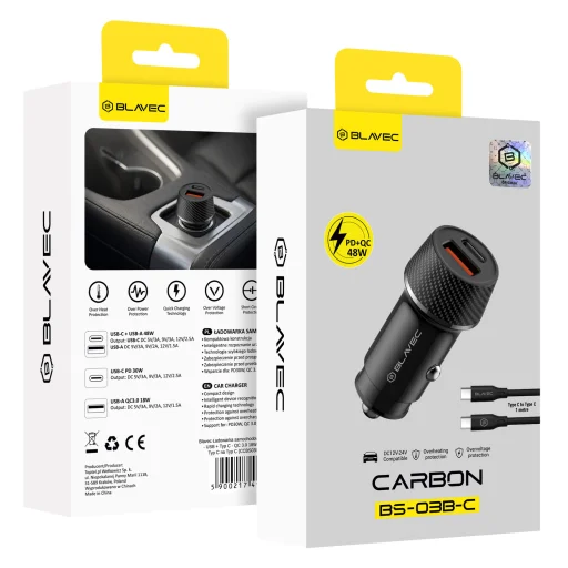 Blavec Nabíjačka do auta BS-03B-C Carbon - USB + Type C - QC 3.0 18W PD 30W s káblom Type C na Type C (CCBS03BC-UCB) čierna - 9