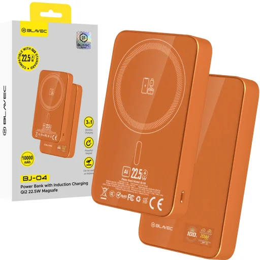 Blavec Power Bank 10000mAh BJ-04 Slim 13,5mm - Type C - 22,5W magnetická Magsafe 3 v 1 (PBBJ04-MC10O) oranžové sklo - 1