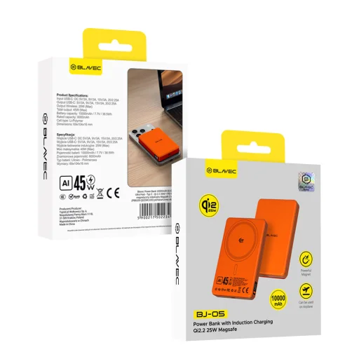 Blavec Power Bank 10000mAh BJ-05 Ultra rýchly 16mm - Type C - Qi2.2 25W + PD 45W magnetická indukcia Magsafe 2 v 1 (PBBJ05-QI22MC10O) oranžový hliník - 8