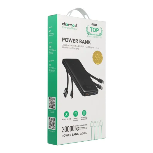 Charmast W2089 PD3.0 3A 22,5W 20000 mAh powerbanka so zabudovanými káblami USB-A / USB-C / Lightning / Micro USB čierna - 6