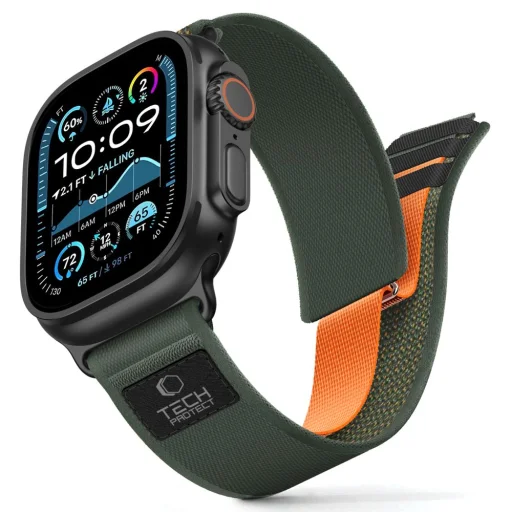 Apple Watch 8 / 9 / 10 / 11 / SE / Ultra (44 / 45 / 46 / 49 mm) Tech-Protect Nylon Elite nejlon szíj zöld/narancssárga - 1