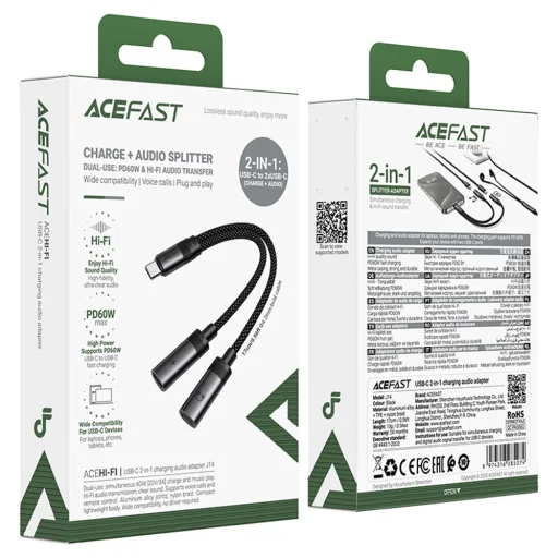 Acefast - Adaptér (J14) - USB-C na 2x USB-C, 60W rýchle nabíjanie, Hi-Fi Audio, hliníková zliatina, Plug & Play - čierny - 6