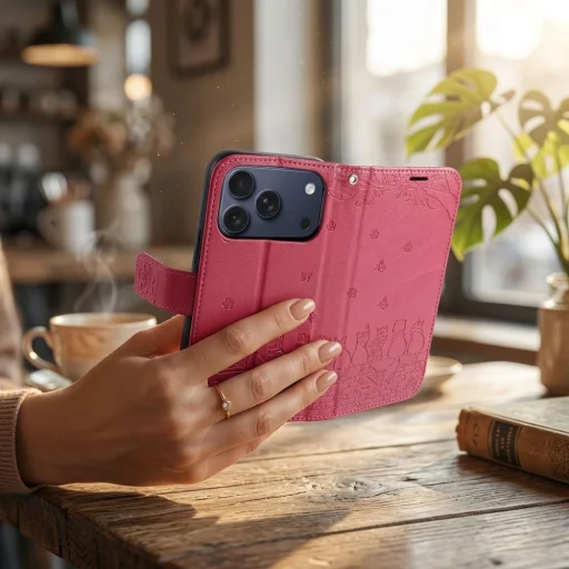 iPhone 17 Pro Max MEZZO knižkové puzdro s mačkou červené - 5