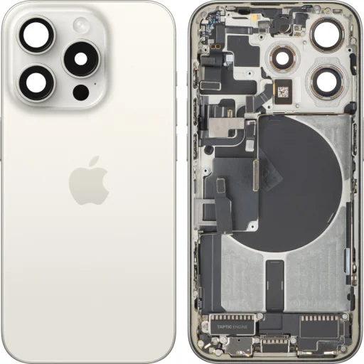 Zadný kryt a stredový rám pre Apple iPhone 15 Pro, kompletné diely, biely titán, demontovaný (A kvalita) - 1