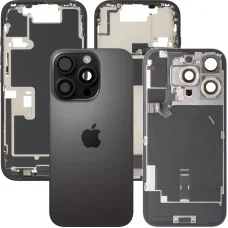 Zadný kryt batérie so stredovým rámom pre Apple iPhone 16 Pro, Kompletné súčiastky, Čierny titán, Demontovaný (Trieda A), puzdro