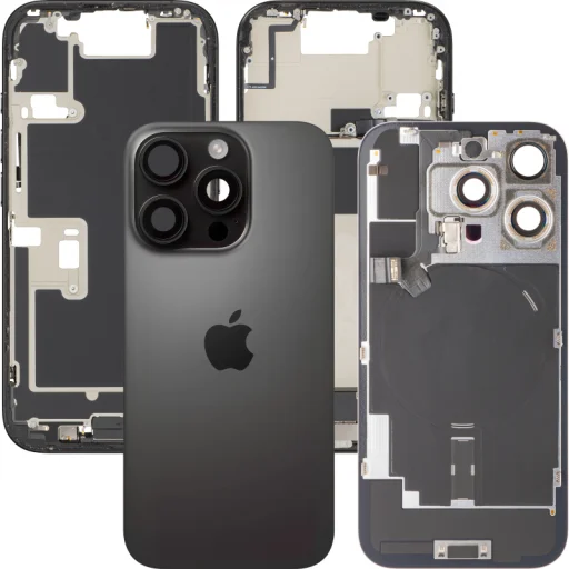 Zadný kryt batérie so stredovým rámom pre Apple iPhone 16 Pro, Kompletné súčiastky, Čierny titán, Demontovaný (Trieda A), puzdro - 1