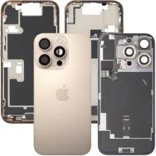 Zadný kryt batérie so stredovým rámom pre Apple iPhone 16 Pro, kompletné diely, vo farbe púštny titán, demontované (trieda A)