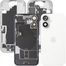 Kryt batérie so stredovým rámom pre Apple iPhone 16, kompletné súčiastky, biely, demontovaný (kvalita A), zadný kryt