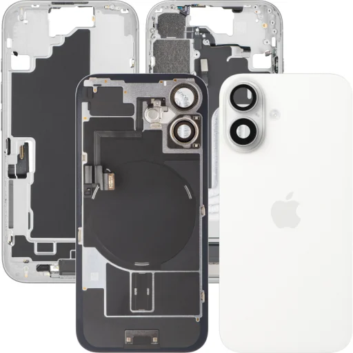 Kryt batérie so stredovým rámom pre Apple iPhone 16, kompletné súčiastky, biely, demontovaný (kvalita A), zadný kryt - 1