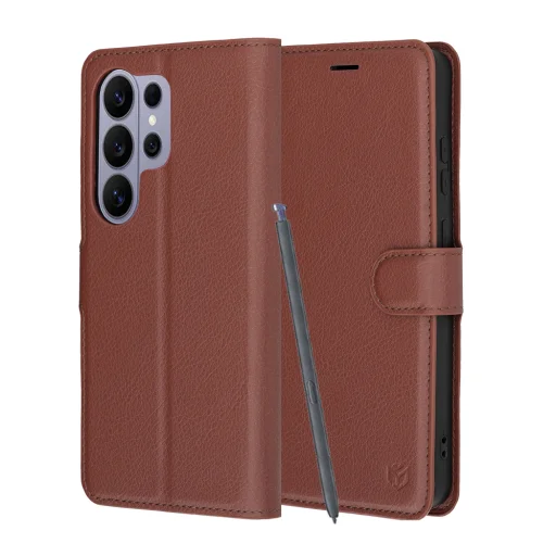 Hnedé kožené flipové puzdro Techsuit pre Samsung Galaxy S26 Ultra - 1