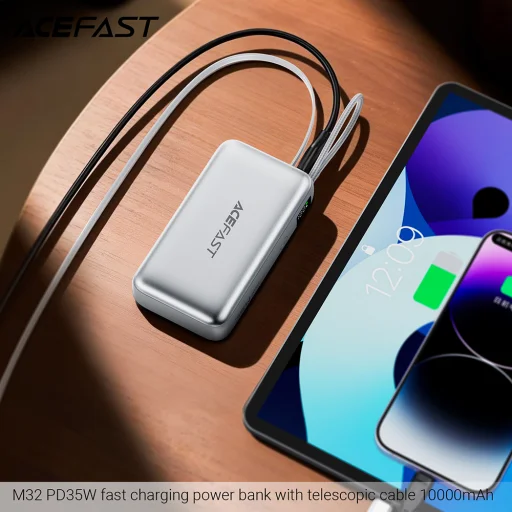 Acefast - Power Bank (M32) - teleszkópos kábellel, Type-C, gyorstöltés, PD35W, 10000mAh - Ezüst - 4