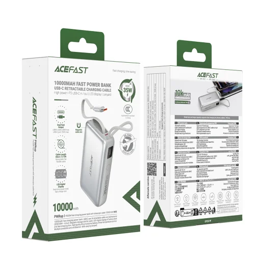 Acefast - Power Bank (M32) - teleszkópos kábellel, Type-C, gyorstöltés, PD35W, 10000mAh - Ezüst - 5