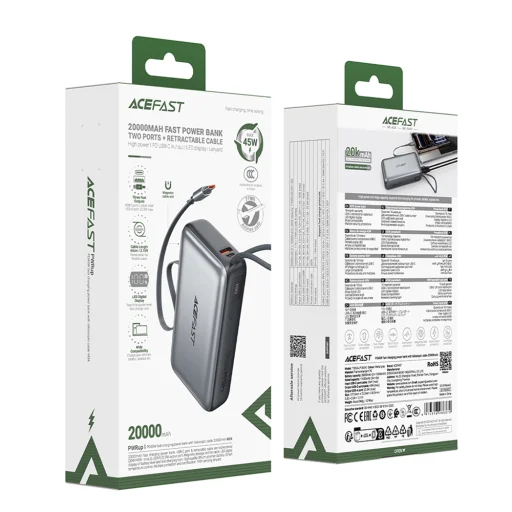 Acefast - Powerbank (M34) - teleszkópos kábel, Type-C, Gyors töltés, PD45W, 20000mAh - Szürke - 6