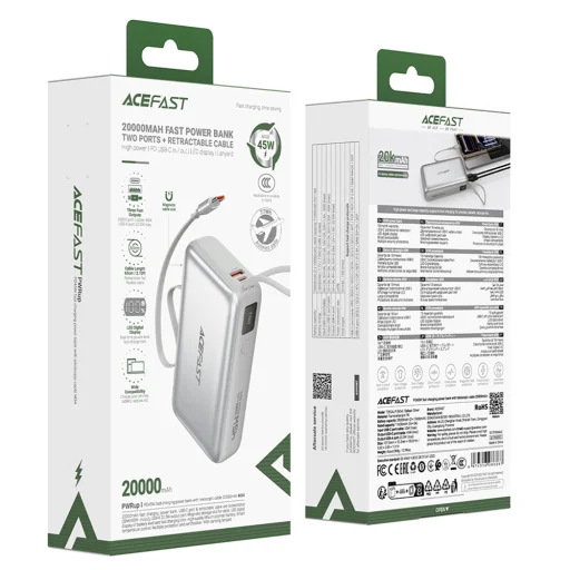 Acefast - Powerbank (M34) - s teleskopickým káblom, Type-C, rýchle nabíjanie, PD45W, 20000mAh - Strieborná - 6