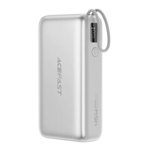 Acefast - Powerbank (M34) - teleszkópos kábellel, Type-C, Gyors töltés, PD45W, 20000mAh - Ezüst - 1