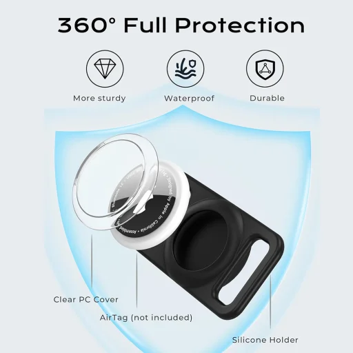 Techsuit AirTag Celotelová ochrana, vodotesný držiak na obojok pre psa BuddyGuard (DG1) pre obojky so šírkou 0,6" – 1,3" - čierne puzdro - 5