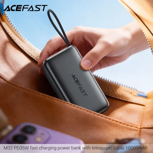 Acefast - Power Bank (M32) - teleszkópos kábellel, Type-C, Gyors töltés, PD35W, 10000mAh - Fém szürke - 4