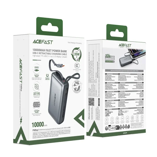 Acefast - Power Bank (M32) - teleszkópos kábellel, Type-C, Gyors töltés, PD35W, 10000mAh - Fém szürke - 5