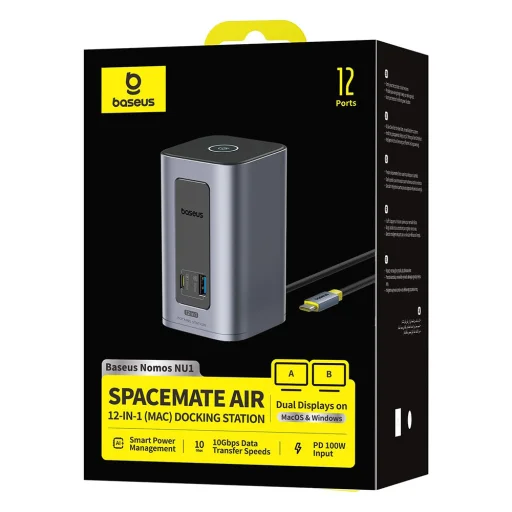 Baseus - 12in1 Dokkoló Állomás Nomos NU1 Air (B0114400) - 12 Port, 10Gbps, 100W PD, 4K Kijelzők - Szürke - 7