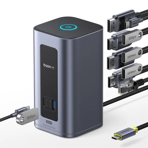 Baseus - 12in1 Dokkoló Állomás Nomos NU1 Air (B0114400) - 12 Port, 10Gbps, 100W PD, 4K Kijelzők - Szürke - 3