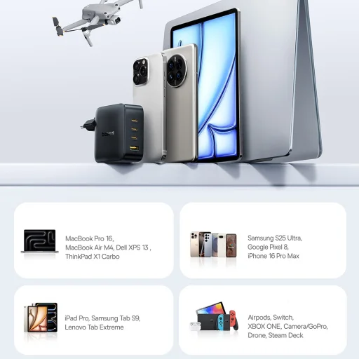 Baseus - Nástenná nabíjačka EnerFill FH11 (E0121J00) - 3x USB-C, 1x USB-A, 140W, Technológia GaN, Rýchle nabíjanie - Kozmická čierna - 6