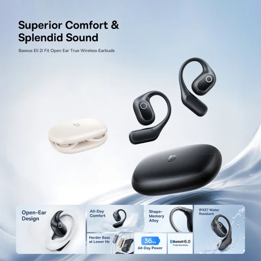 Baseus - Bezdrôtové slúchadlá Eli 2i Fit (A0102604) - Open-ear dizajn, Skutočne bezdrôtové, Bluetooth V6.0 - Kozmická čierna - 2