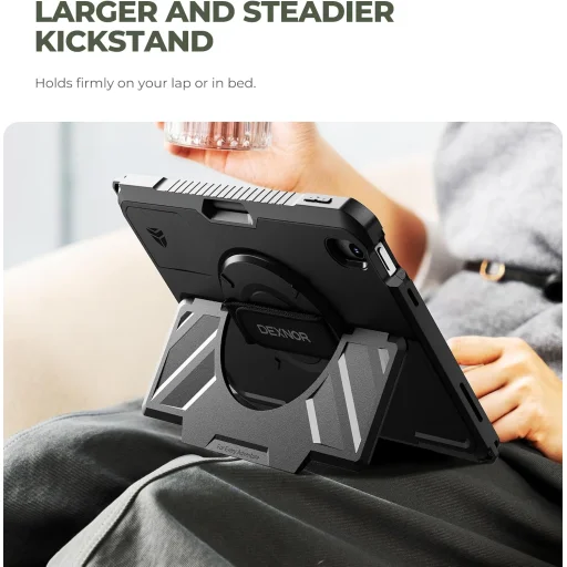 iPad 11. gen. (A16) / 10. gen. 10.9 nárazuvzdorné puzdro Dexnor, s 360° otočným remienkom na ruku a stojanom, čierne - 6