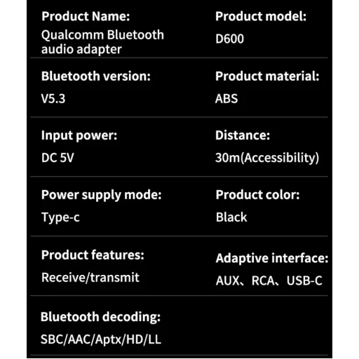 D600 Bluetooth AUX adaptér 2 v 1 s nízkou latenciou, prijímač a vysielač s párovaním - 6