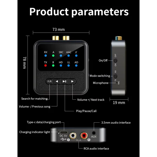 BT200 Bluetooth 5.4 audio adaptér pre 2 slúchadlá – 2 v 1 vysielač a prijímač - 19