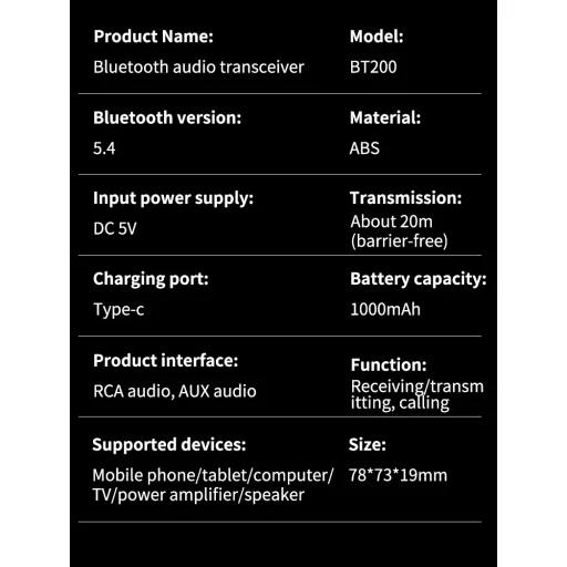 BT200 Bluetooth 5.4 audio adaptér pre 2 slúchadlá – 2 v 1 vysielač a prijímač - 7