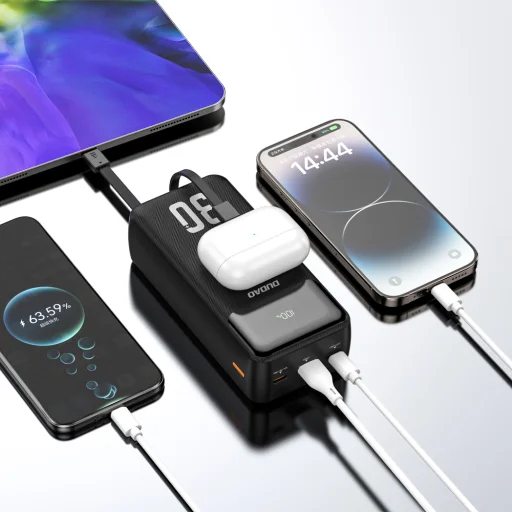 Dudao K15Max 30000mAh PD 22,5 W powerbanka so vstavanými káblami USB-C a Lightning - biela - 5