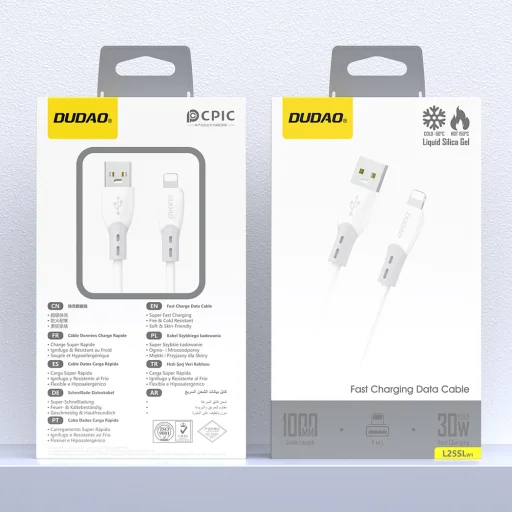 Dudao L25SL 30W kábel USB-A – Lightning s mäkkým silikónovým opletom 1m – biely - 2