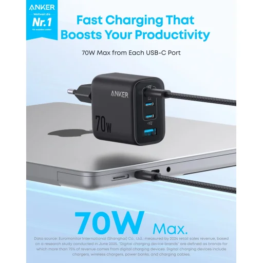 Anker Zolo sieťová nabíjačka, 70W, 3.5A, 1 x USB-A – 3 x USB-C, čierna A121CG11 - 3