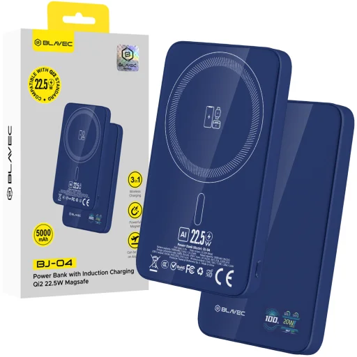 Blavec Powerbanka 5000mAh BJ-04 Ultra Slim 7,8mm - Type C - 22,5W magnetická MagSafe 3 v 1 (PBBJ04-MC5N) tmavomodré sklo - 1