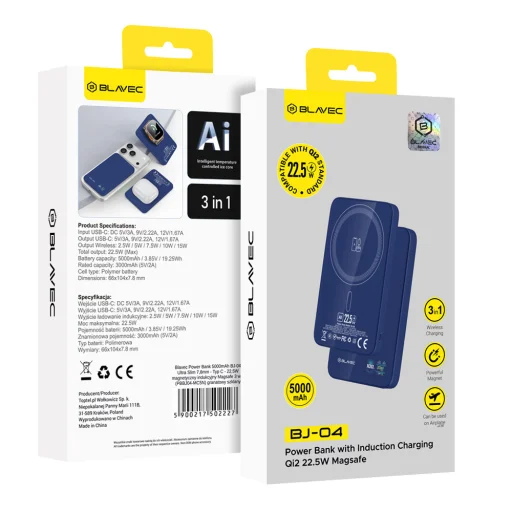 Blavec Powerbanka 5000mAh BJ-04 Ultra Slim 7,8mm - Type C - 22,5W magnetická MagSafe 3 v 1 (PBBJ04-MC5N) tmavomodré sklo - 6