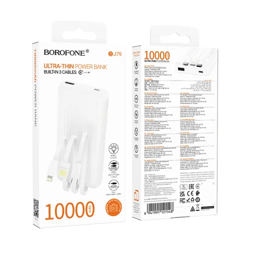 Borofone Power Bank 10000mAh BJ79 Clever - USB - Type C és Lightning kábelekkel fehér - 4