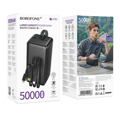 Borofone Power Bank 50000mAh BJ79C Clever - USB - beépített USB, Type C és Lightning kábelekkel fekete - 9