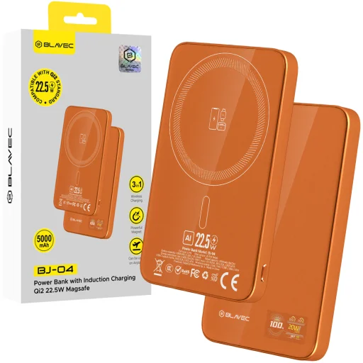 Blavec Power Bank 5000mAh BJ-04 Ultra Slim 7,8mm - Type C - 22,5W magnetic Magsafe 3 in 1 (PBBJ04-MC5O) orange glass - 1