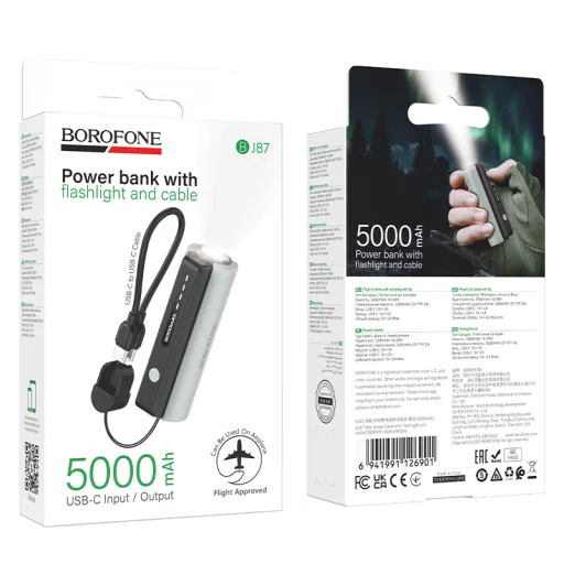 Borofone Power Bank 5000mAh BJ87 Star - Type C - zseblámpával fekete - 9
