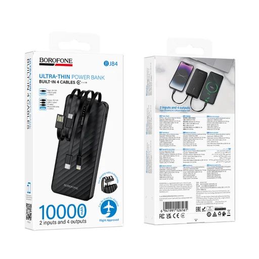 Borofone Power Bank 10000mAh BJ84 Smooth - USB - s káblami USB, Type-C, Lightning a Micro USB, čierna - 9