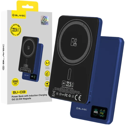 Blavec Power Bank 5000mAh BJ-03 Ultra Slim 7,8mm - Type C - 22,5W magnetická Magsafe 3 v 1 (PBBJ03-MC5N) námornícka modrá hliník - 1