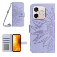 Honor 600 Lite koženkové puzdro so vzorom slnečnice a šnúrkou na krk (fialové) puzdro
