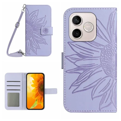 Honor 600 Lite koženkové puzdro so vzorom slnečnice a šnúrkou na krk (fialové) puzdro - 1