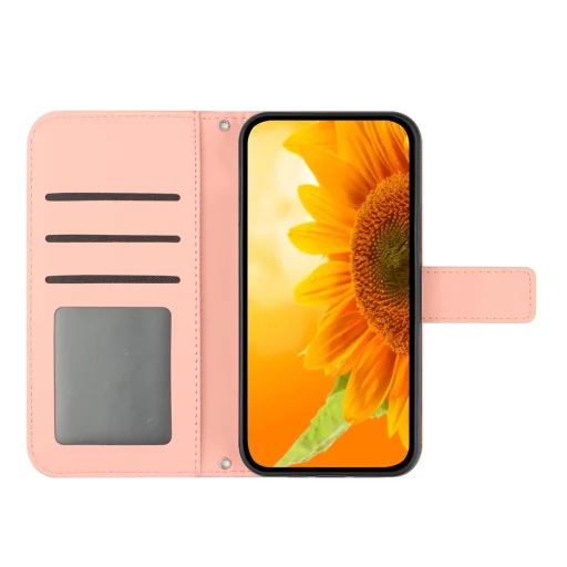 Honor 600 Lite bőrhatású napraforgó mintás fliptok pánttal (rózsaszín) tok - 4