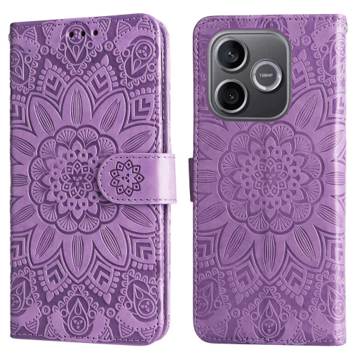 Kožené flipové puzdro pre Honor 600 Lite s reliéfnym vzorom slnečnice, fialové puzdro - 3