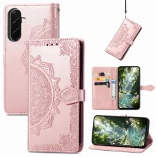 Samsung Galaxy A37 5G kožené flipové puzdro s reliéfnym vzorom kvetu mandaly (ružovozlaté)